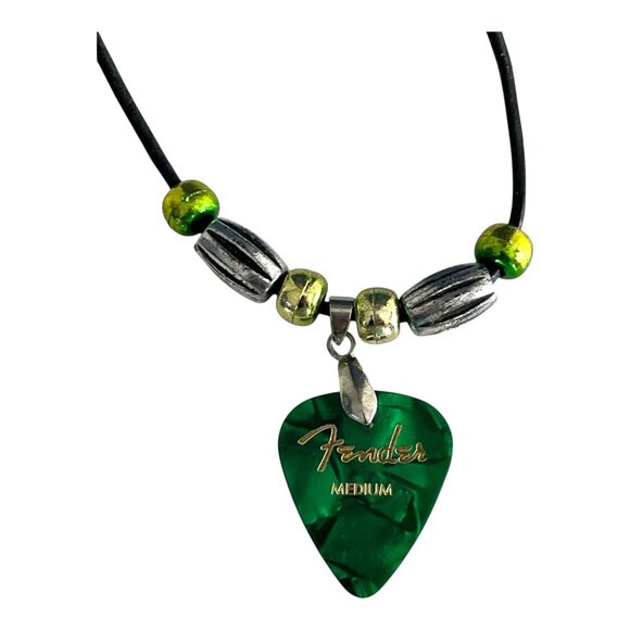 Handmade Fender Guitar Pick Necklace – Green Medium Pick with Beads on Black Cor - Picture 3 of 4